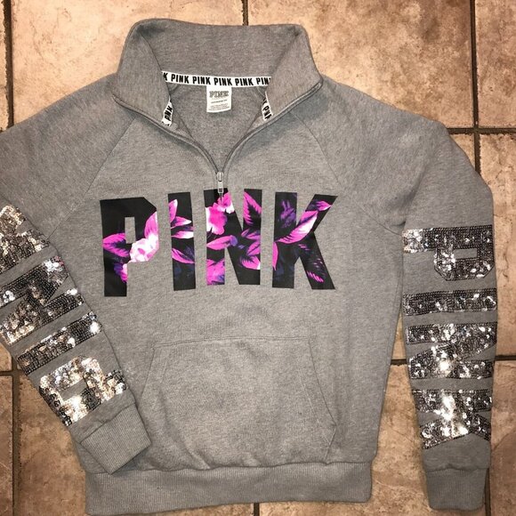 Women's PINK Victoria's Secret 1/4 Zip Floral Sequin Sweater- Size XS - Picture 8 of 8